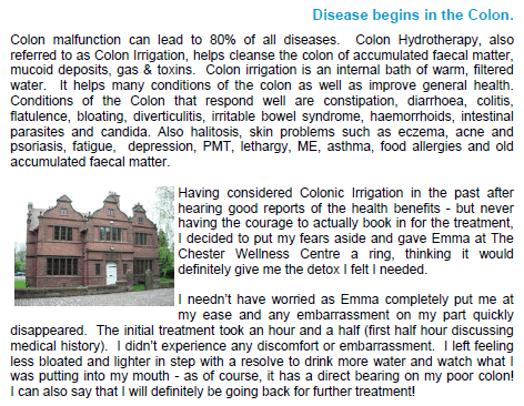 Colonic Irrigation Article that appears in the July version of Tarporley Talk